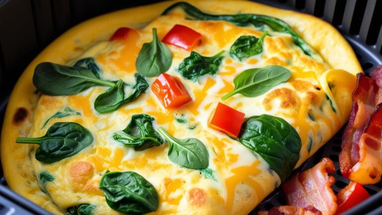 Fluffy air fryer omelette with fresh spinach, diced red bell peppers, melted cheese, and crispy bacon on the side.