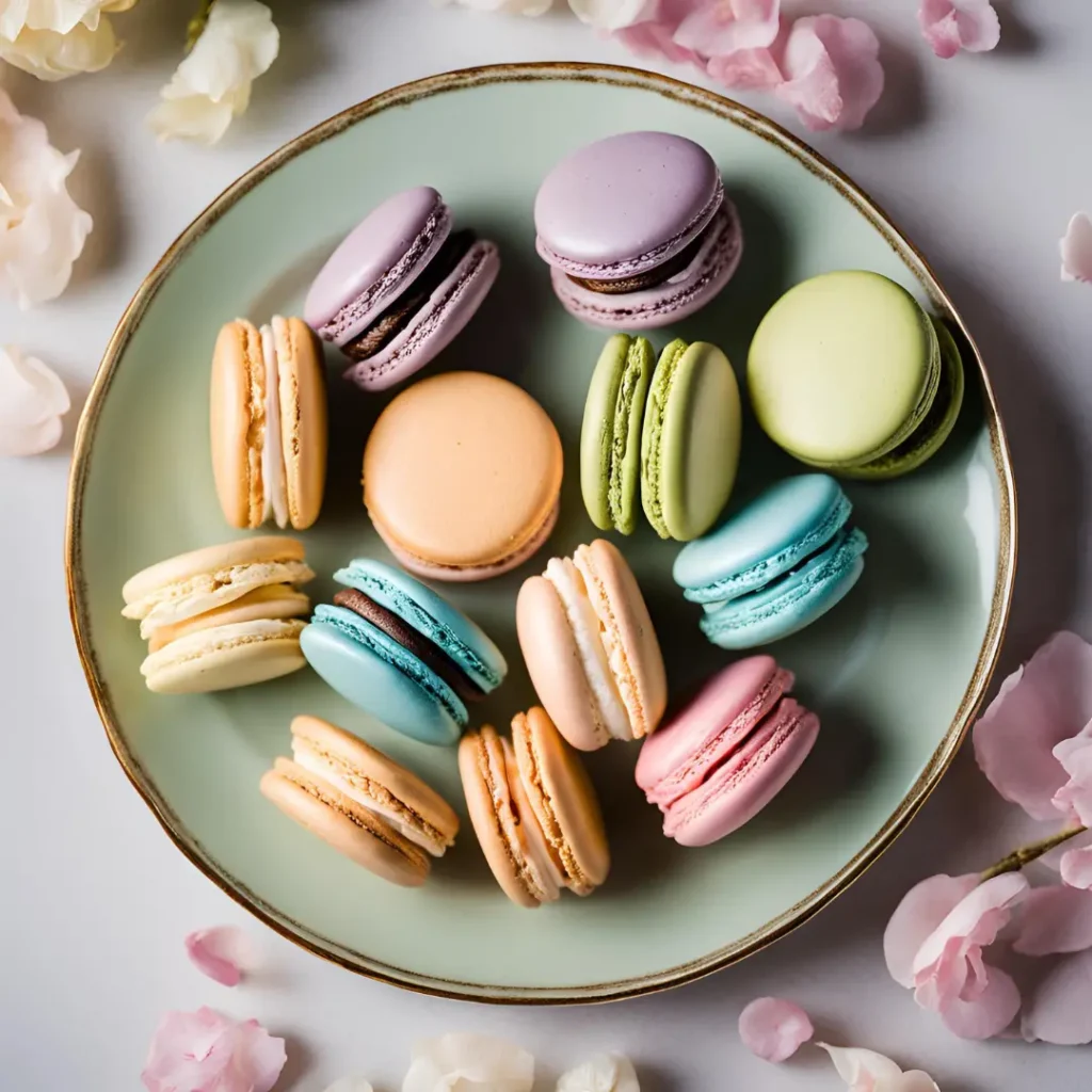 Assorted Pastel-Colored Macarons - Elegant French Confections An assortment of pastel-colored macarons with delicate details, featuring soft hues of green, beige, pink, and purple, beautifully arranged.