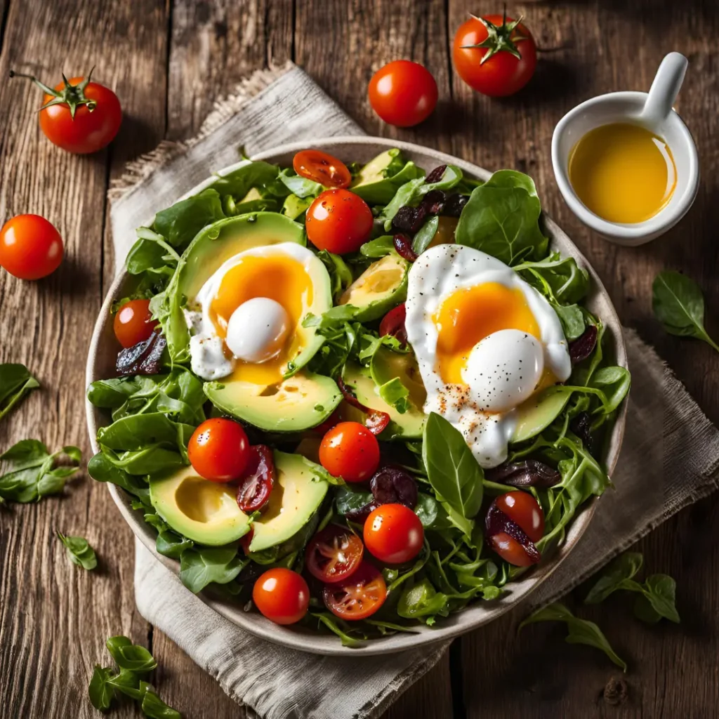 Fresh breakfast salad with avocado, eggs, and cherry tomatoes on greens.