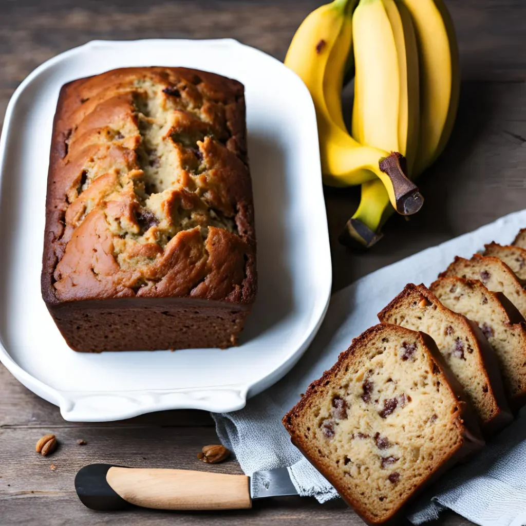 A freshly baked loaf of banana bread on a white serving plate, surrounded by ripe bananas and sliced pieces on a wooden table.