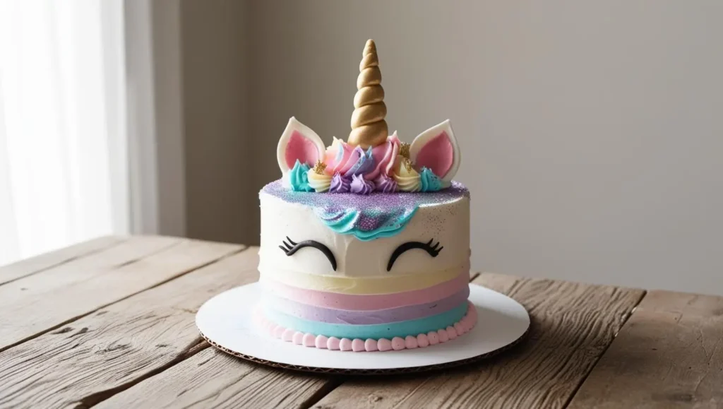 A vibrant unicorn cake featuring pastel-colored frosting swirls, a golden fondant horn, and edible decorations.