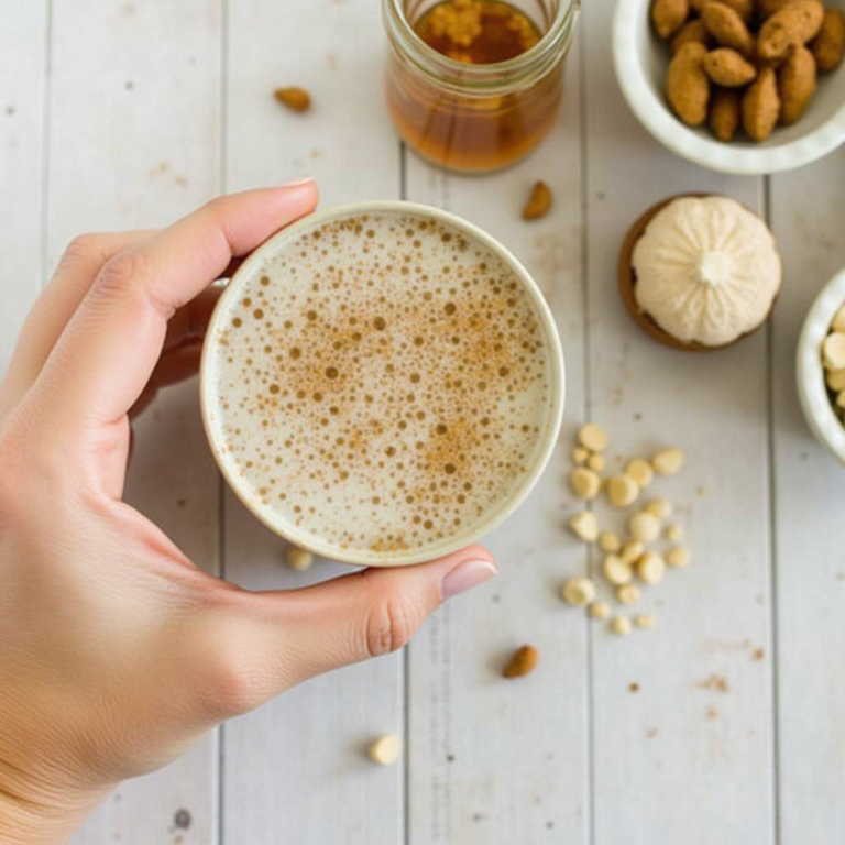 A steaming cup of homemade chai tea with spices like cinnamon, cardamom, and ginger, served in a rustic mug on a wooden table.