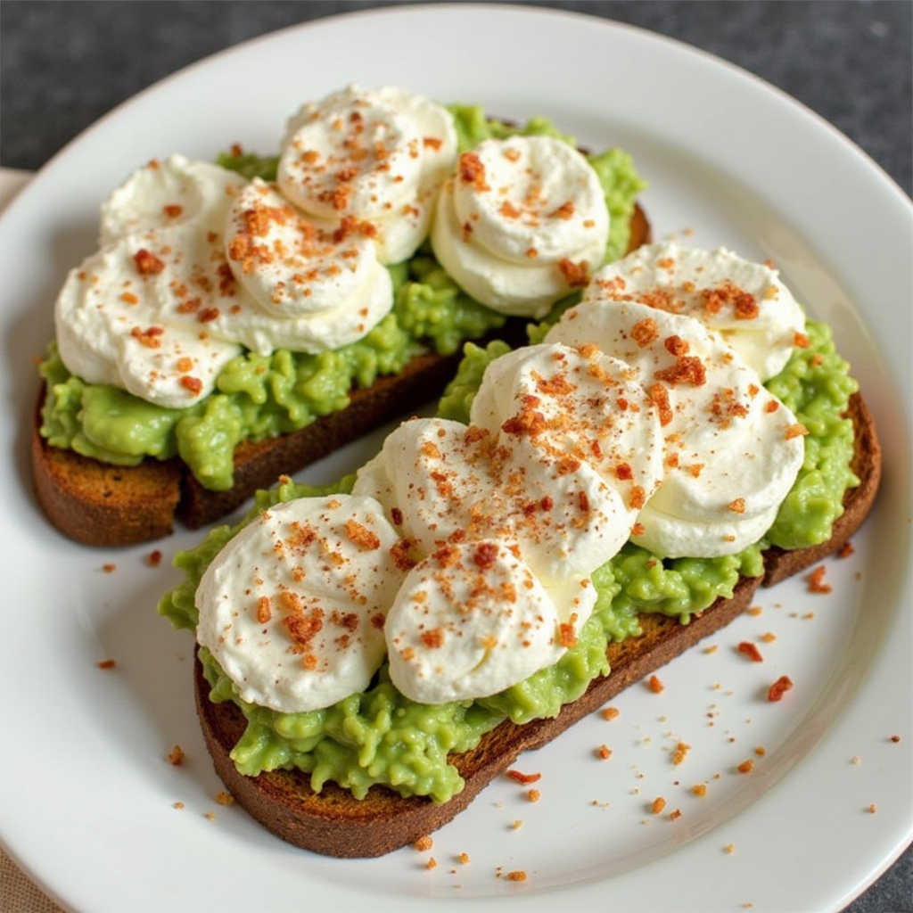 Two slices of avocado toast topped with cottage cheese, chili flakes, and spices, served on a white plate.