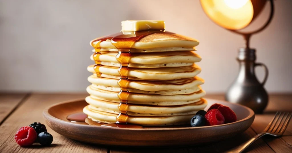 Best pancakes, A stack of golden pancakes topped with butter and drizzled with syrup, served with fresh berries on a wooden plate.