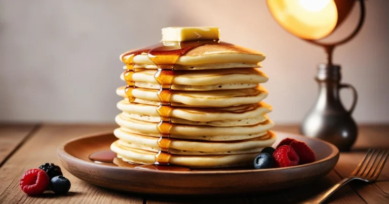 Best pancakes, A stack of golden pancakes topped with butter and drizzled with syrup, served with fresh berries on a wooden plate.