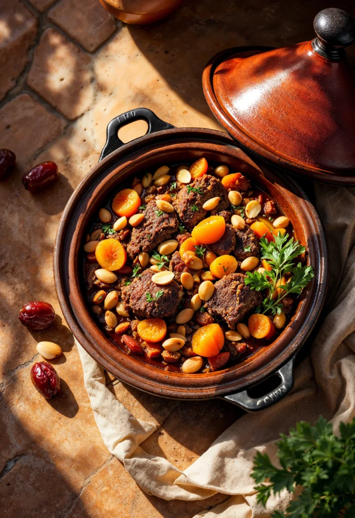 A traditional Moroccan beef tagine served in a vibrant conical pot, filled with tender beef, dried fruits, and spices.