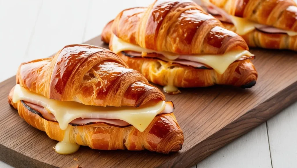 Freshly baked ham and cheese croissants on a rustic plate
