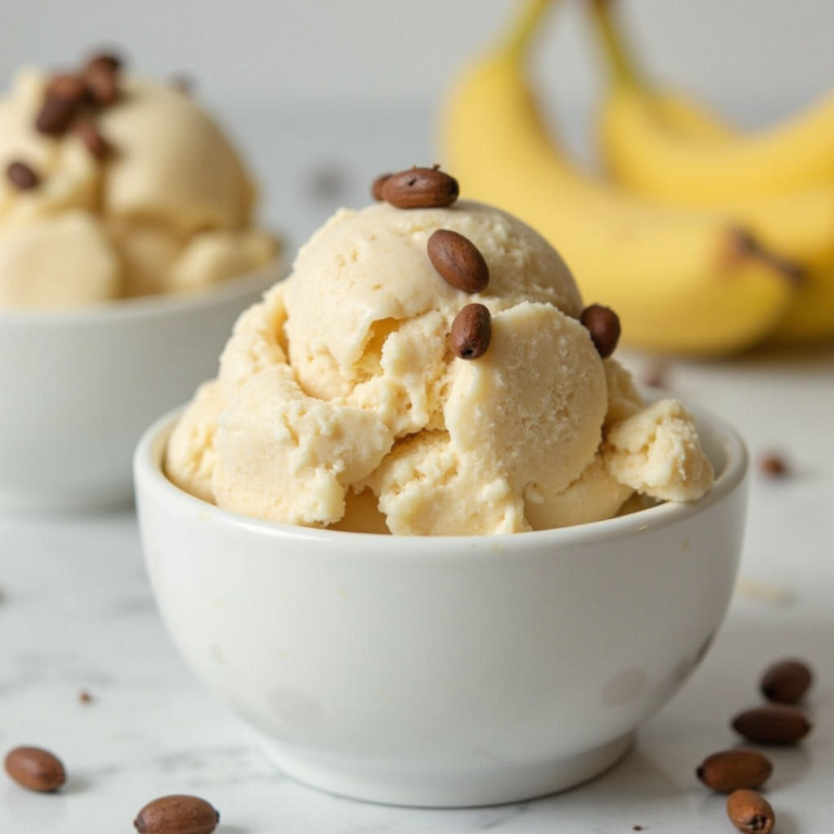 Bowl of creamy banana nice cream topped with chocolate shavings.